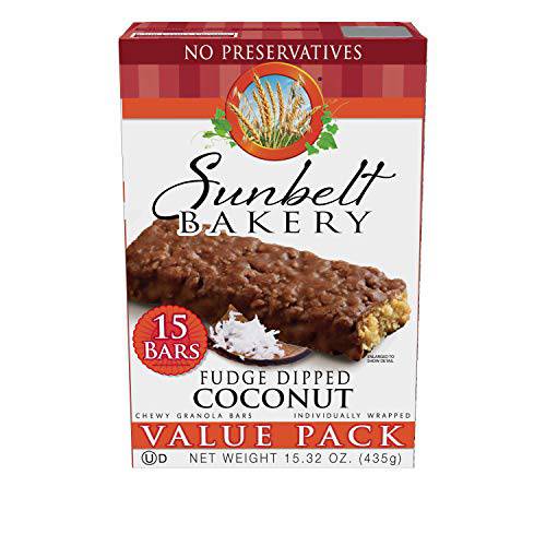 Sunbelt Bakery Fudge Dipped Coconut Chewy Granola Bars, coconut,chocolate, 1.1 oz 15 Count (Pack of 2)