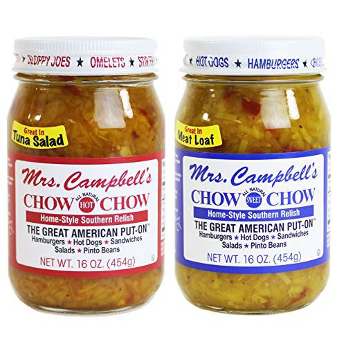 GOLDING FARMS 2 Pack - Mrs. Campbell’s Chow Chow - One 16oz Jar of Each: Hot and Sweet