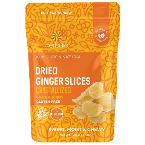 Dried Crystallized Ginger Chunks, 16 oz. Unsulphured Dried Ginger Candy, Candied Ginger Chunks, Caramelized Ginger Chews Candy, Unsulphured Crystalized Ginger Pieces. All Natural, Non-GMO, 1 Pound.