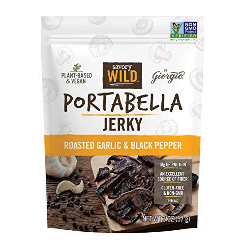 Giorgio Savory Wild Vegan Portabella Mushroom Jerky | Gluten Free & Non-GMO | Roasted Garlic & Black Pepper, 2 ounce