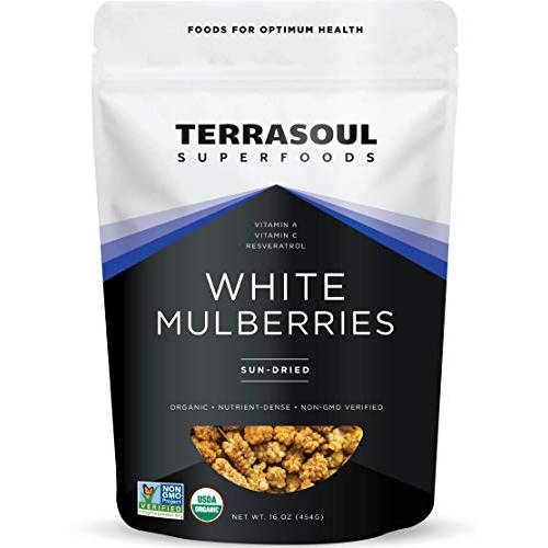 Terrasoul Superfoods Organic Sun-dried White Mulberries, 1 Lb - Low Glycemic | Naturally Sweet | Rich in Vitamin C