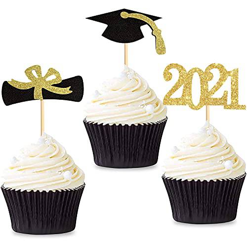 48 Pcs Glitter 2021 Graduation Cupcake Toppers, NO DIY NEEDED 48 PCS Food/Appetizer Picks For Graduation Party Cake Decorations, Diploma, 2021, Grad Cap Set 48 Pieces (Graduation 48 pcs)