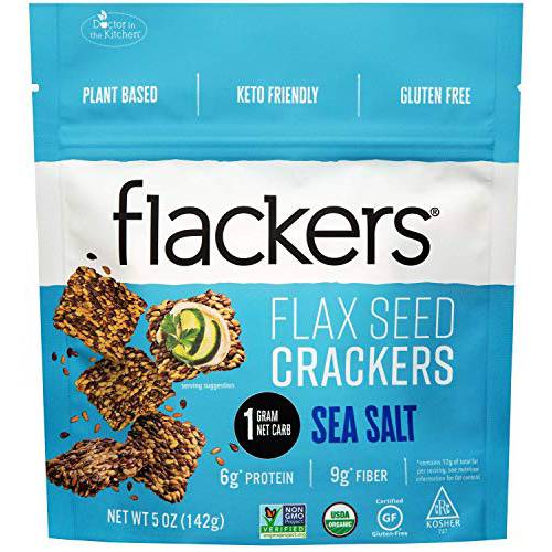 Flackers Organic Sea Salt Flaxseed Crackers, Gluten Free, Non GMO, Vegan, Keto Snack, 9g Fiber, 1g Net Carb, 5 Ounce 1-Pack