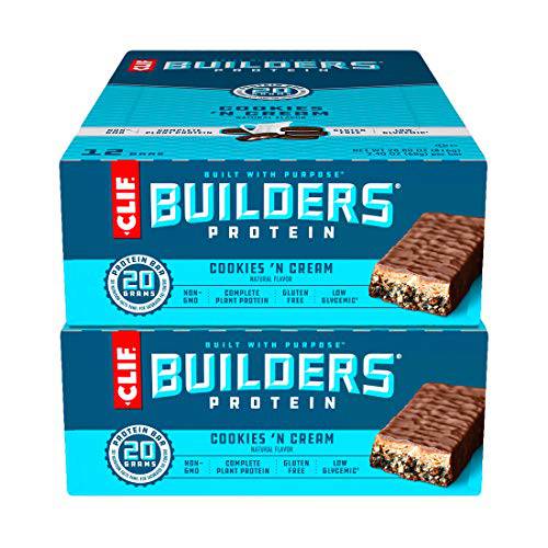 CLIF BUILDERS - Protein Bars - Cookies and Cream - 20g Protein (2.4 Ounce, 24 Count) (Now Gluten Free)