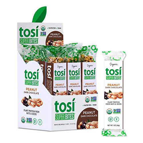 Tosi Nut Bars, 8G Protein (12 Pack, 1oz Bars), Plant Based Protein Bars, Crunchy Vegan Snacks, Dark Chocolate Peanut Bars, Low Sugar Healthy Snacks, Gluten Free, Soy Free, Fiber, Flax & Chia Seeds
