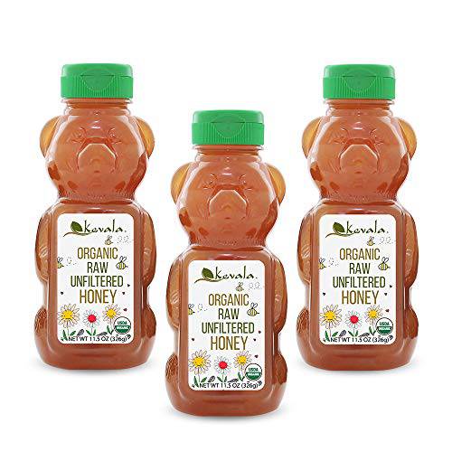 Kevala Organic Raw Unfiltered Honey Bear, 12 oz (3 Pack)