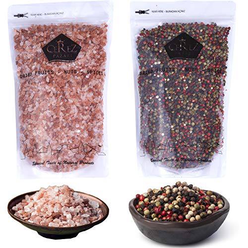 Cerez Pazari Rainbow Peppercorn Blend 12 oz and Himalayan Pink Salt (Coarse Grain) 2 lbs, Whole Black, Pink, Green, White Color Pepper For Grinders Refills