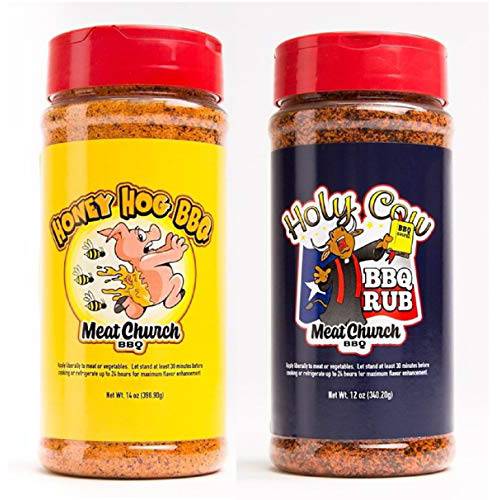 Meat Church BBQ Rub Combo: Honey Hog (14 oz) and Holy Cow (12 oz) BBQ Rub and Seasoning for Meat and Vegetables, Gluten Free, One Bottle of Each