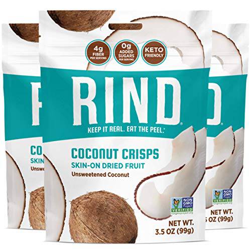 RIND Snacks Unsweetened Coconut Crisps, Keto Friendly, Paleo, Skin On Dried Fruit Chips, High Fiber, 3.5oz Pack of 3