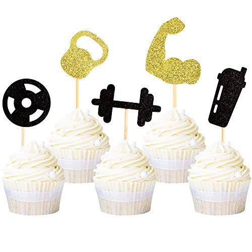 Ercadio 30 Pack Gym Workout Cupcake Toppers Glitter Biceps Dumbbells Kettlebells Abodominal Wheels Bodybuilding Cupcake Picks Fitness Themed Birthday Party Cake Decorations Supplies