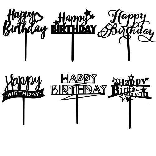 6 PCS Black Happy Birthday Cake Topper Double-Sided Shiny Black Acrylic Happy Birthday Cake Toppers for Birthday Cake Supplies Decorations