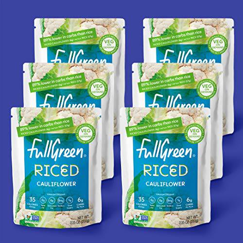 Fullgreen Cauliflower Rice - Low-Carb & Low-Cal Cauliflower Rice - 89% Less Carbs Than Rice - Vegan, Gluten/Grain Free & Non GMO - Heat & Eat in Minutes - Includes 6 Pouches