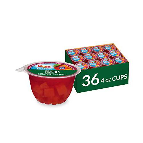 Dole Fruit Bowls, Diced Peaches in Strawberry Flavored Gel, Gluten Free Healthy Snack, 4.3 oz (36 Total Cups)