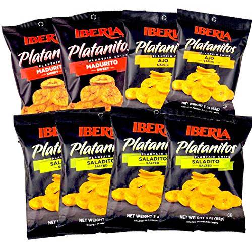 Iberia Plantain Chips, Variety, 4 Salted Plantain Chips, 2 Naturally Sweet Plantain Chips, 2 Garlic Plantain Chips, 3 Ounce (Pack of 8)