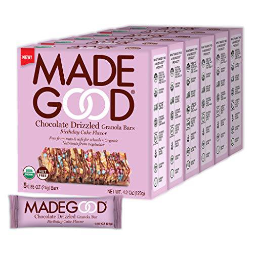 MadeGood Birthday Cake Chocolate Drizzled Granola Bars - Gluten Free Granola Bar Snacks - 6 Boxes, 30 Ct