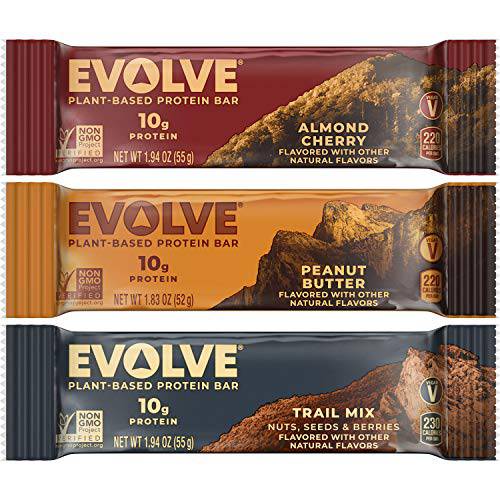 Evolve Plant Based Protein Bar, 3 Flavor Variety Pack, 10g Vegan Protein, Dairy Free, No Artificial Flavors, Non-GMO, 12 Pack (Packaging May Vary)