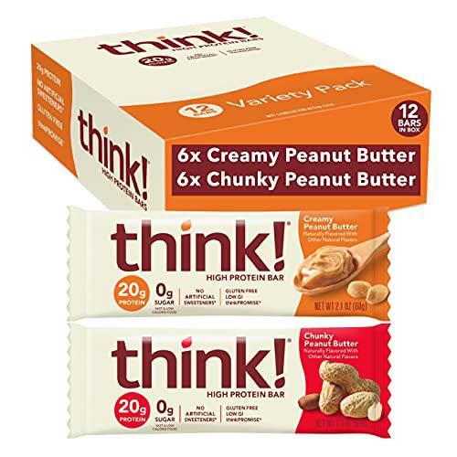 think Protein Bars, High Protein Snacks, Gluten Free, Sugar Free Energy Bar with Whey Protein Isolate, Peanut Butter Lover’s Variety Pack, Nutrition Bars without Artificial Sweeteners, 2.1 Oz (12 Count)