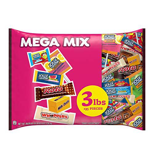 Hershey Mega Mix Chocolate and Fruit Flavored Assortment Candy, Individually Wrapped, 48.29 oz Bulk Variety Bag (135 Pieces)