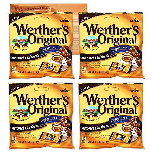 Werthers Sugar Free Coffee Hard Candy | 4 Pack of Caramel Coffee Hard Candy - 1.46 Ounce Each Bag | Diabetic Candy, Low Carb Snacks, Keto Candy | Bundled with Ballard Caramel Sauce Recipe Card
