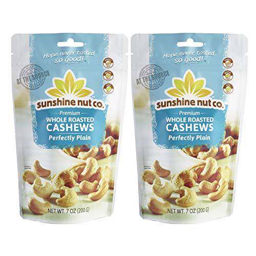 Sunshine Nut Company Perfectly Plain Cashews, Pack of 2 Unsalted & Raw, Peanut & Gluten Free Snacks Dry Roasted in Sunflower Oil, Cashew Nuts Individual Packs, Non GMO Cashew Pieces, Dry Fruit - 200G