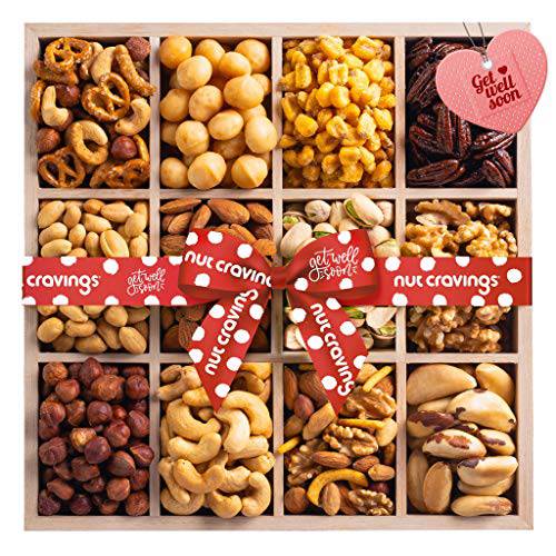 Get Well Soon Nuts Gift Basket in Reusable Wooden Tray, Custom Ribbon (12 Assortments) Sick Friend Healthy Food Platter, Feel Better After Surgery Recovery Care Package Variety, Kosher Snack Box