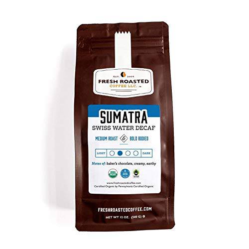 Fresh Roasted Coffee, Organic Sumatra Swiss Water Decaf, 12 oz, Fair Trade Kosher, Medium Roast Whole Bean