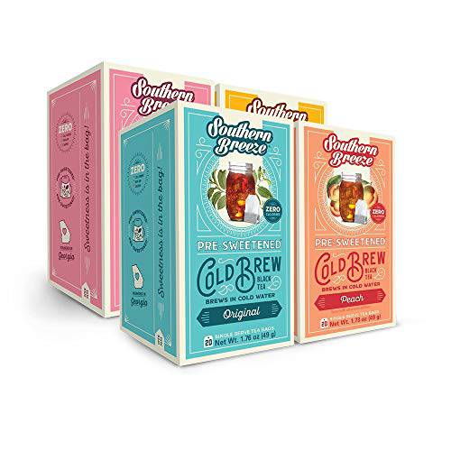 Southern Breeze Cold Brew Sweet Tea Variety Pack Iced Tea with Black Tea and Zero Carbs Zero Sugar, 20 Individually Wrapped Tea Bags, Pack of 4 Original, Raspberry, Peach, and Half & Half