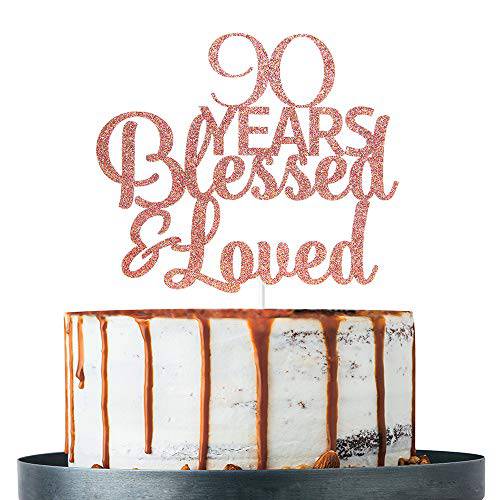 Rose Gold Glitter 90 Years Blessed & Loved Cake Topper - 90th Birthday / 90th Anniversary Cake Topper, 90th Birthday / 90th Anniversary Party Decoration