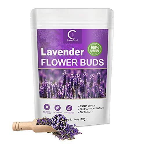 Organic Lavender Flowers Tea for Tea, Syrup, Drinks, Baking, DIY Beauty, Sachets & Fresh Fragrance 100% Naturals Edible Culinary Dried Lavender Buds Get Free A Wooden Scoop Spoon - 4oz