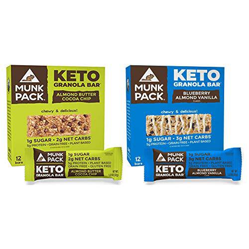 Munk Pack Keto Granola Bars 24 Pack Bundle (12 Pack Almond Butter Cocoa Chip, 12 Pack Blueberry Almond Vanilla)