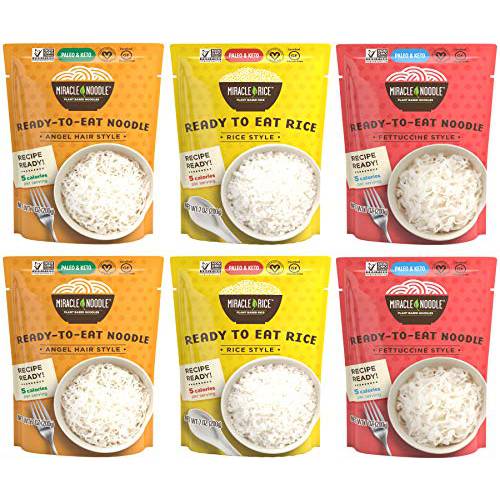 Miracle Noodle Variety Pack, Angel Hair, Fettuccini, Shirataki Noodles & Konjac Rice, Ready To Eat - Keto Friendly, Gluten Free, Low Carb, Low Calorie, Soy Free - 2 Bags Each (pack Of 6)