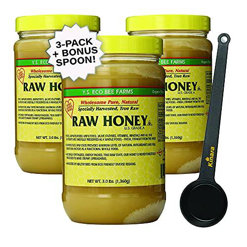 YS Eco Bee Farms Pure Raw Honey - Raw, Unfiltered Honey, Unpasteurized Honey - Kosher 3lbs - Bulk 3-PACK with Kinara Honey Scoop, 48 Ounces