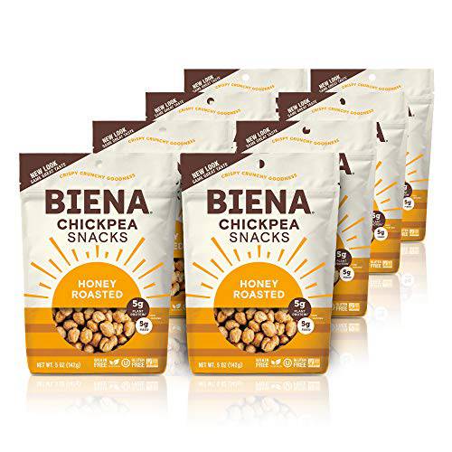 BIENA Chickpea Snacks, Honey Roasted | Gluten Free | Dairy Free | Vegetarian | Plant-Based Protein 5 Ounce (Pack of 8)
