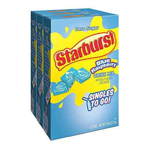 Starburst Singles To Go Zero Sugar Drink Mix, Blue Raspberry, 6 CT Per Box (Pack of 3)