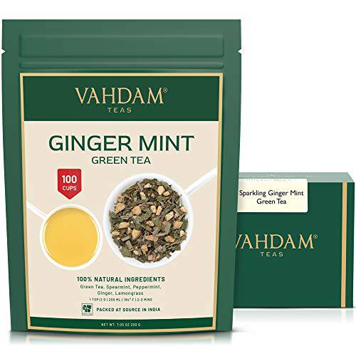 VAHDAM, Ginger + Mint Green Tea Loose Leaf (100 Cups) | RICH ANTIOXIDANTS | Blend Of Ginger Tea & Mint Tea | Pure Green Tea Leaves | Best to Detox| 3.53oz (Set of 2)