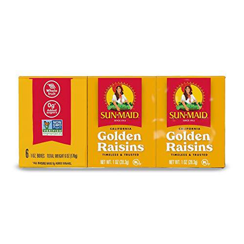 Sun-Maid California Dried Golden Raisins, No Added Sugar, Naturally Sweet Dried Fruit, 1 oz boxes, 6 ct