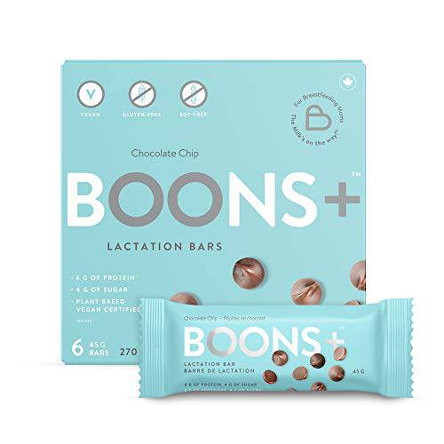 Boons+ Vegan Lactation Bars Chocolate-Chip (6x45g Bars per Box). Boons+ Bars Support and Enhance Lactation. 6g of Protein per Serving & 4g of Sugar Vegan, Gluten Free, Soy-Free, Fenugreek-Free.