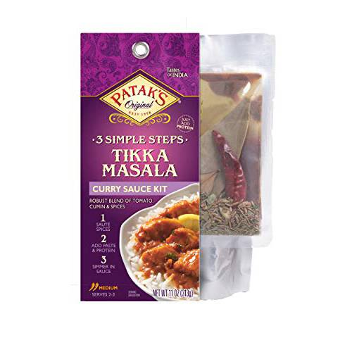 Patak’s Tikka Masala Curry Sauce 3-Step Kit, Pre-measured ingredients included, Fragrant whole spices, Tikka Masala curry spice paste, and a base sauce, Vegetarian Friendly, 11 oz (Pack of 6)