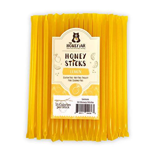 The Honey Jar Lemon Flavored Raw Honey Sticks - Pure Honey Straws For Tea, Coffee, or a Healthy Treat - One Teaspoon of Flavored Honey Per Stick - Made In The USA with Real Honey - (50 Count)