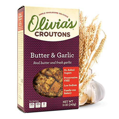 Olivia’s Croutons Butter and Garlic Croutons for Salad, Soups & Stuffing - Made with Real Butter & Garlic - 5 ounce (Pack of 4)