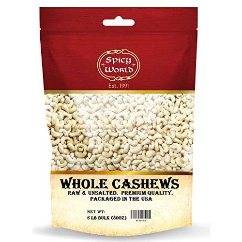 Spicy World Raw Cashews Whole 5 Pound Bulk - Unsalted, Natural & Pure, No Chemicals