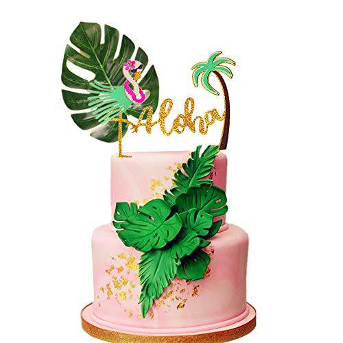 LaVenty 2 PCS Glitter Aloha Cake Topper Flamingo Cake Toppers Flamingo Happy Birthday Cake Decoration Tropical Hawaiian Luau Themed Party Supplies