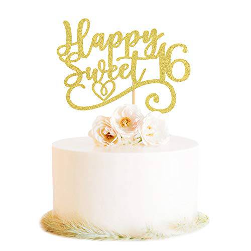 Keaziu Gold Happy Sweet 16 Cake Topper 16th Birthday Cake Topper Sweet 16 Decorations 16th Birthday Decorations 1 Pack