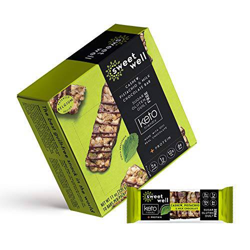 Sweetwell Low-Carb, Keto-Friendly, Sweetened With Stevia, Healthy Treats & Sugar Free Cashew, Pistachio, And Milk Chocolate Snack Bars (10-Pack)