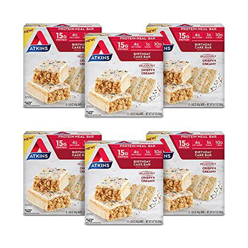 Atkins Birthday Cake Protein Meal Bar. Crispy & Creamy with Real Almond Butter. Keto-Friendly, 5 Count (Pack of 6)