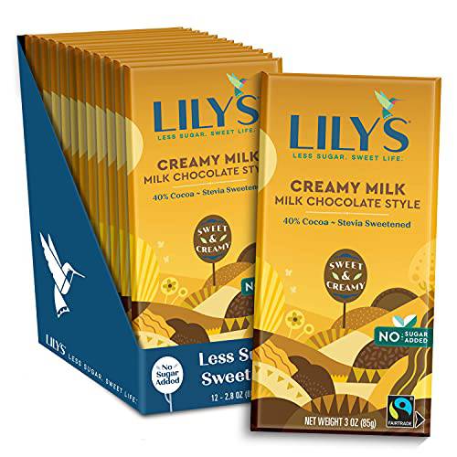 Creamy Milk Chocolate Bar by Lily’s Sweets | Stevia Sweetened, No Added Sugar, Low-Carb, Keto Friendly | 40% Cocoa | Fair Trade, Gluten-Free & Non-GMO | 3 ounce, 12 Pack