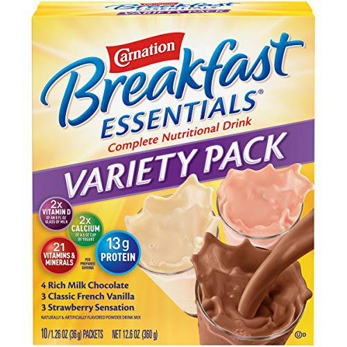 Carnation Breakfast Essentials Powder Drink Mix Variety Pack, Complete Nutritional Drink, 10 Count Box of 1.26 Ounce Packet