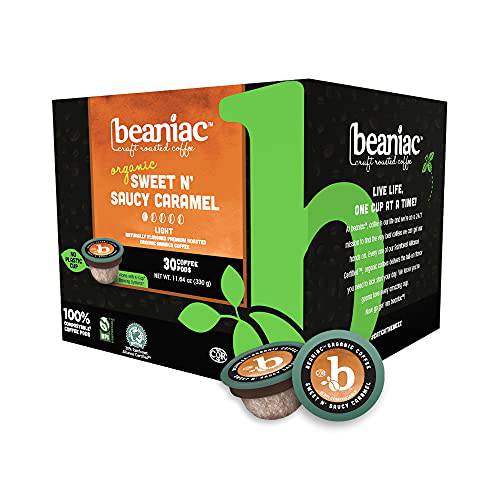 beaniac Sweet n’ Saucy Caramel, Flavored Light Roast, Single Serve Coffee K Cup Pods, Rainforest Alliance Certified Organic Coffee, 30 Compostable Plant-Based Coffee Pods, Keurig Brewer Compatible
