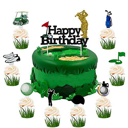 49PCS Golf Cake Toppers Kits with 1PC Happy Birthday Cake Topper, 24PCS Golf Ball Player Cart Flag Shoes Cupcake Picks and 24PCS Lawn Cupcake Wrappers Decorations for Men Sport Golf Theme Party Supply