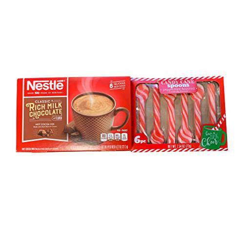 Peppermint Candy Cane Stirring Spoons Bundle with Hot Chocolate Packets Serves 6
